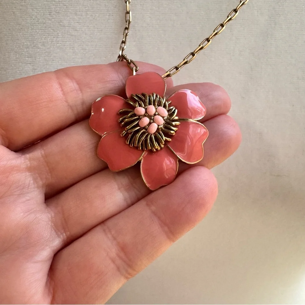 J.Crew Coral Pink Enamel Flower Pendant Necklace Gold Tone 26” - Picture 11 of 12